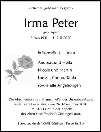 Traueranzeige von Irma Peter von Göttinger Tageblatt