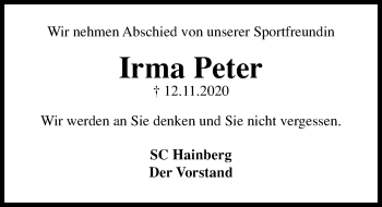 Traueranzeige von Irma Peter von Göttinger Tageblatt
