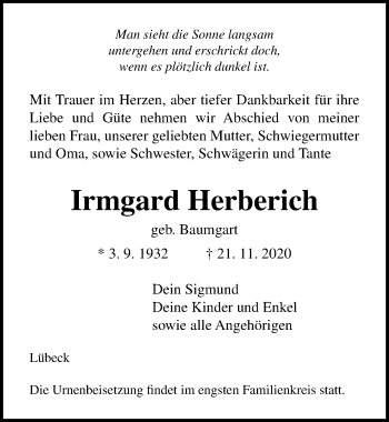 Traueranzeige von Irmgard Herberich von Lübecker Nachrichten