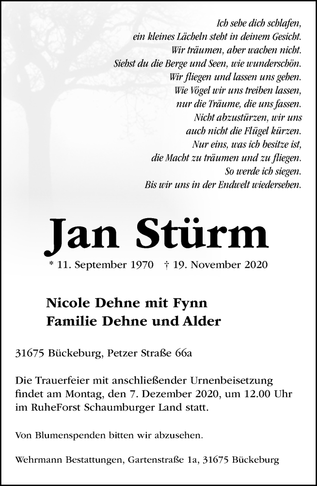  Traueranzeige für Jan Stürm vom 28.11.2020 aus Schaumburger Nachrichten