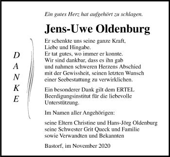 Traueranzeige von Jens-Uwe Oldenburg von Ostsee-Zeitung GmbH