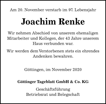 Traueranzeige von Joachim Renke von Göttinger Tageblatt