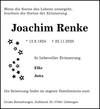 Traueranzeige von Joachim Renke von Göttinger Tageblatt