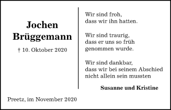 Traueranzeige von Jochen Brüggemann von Kieler Nachrichten