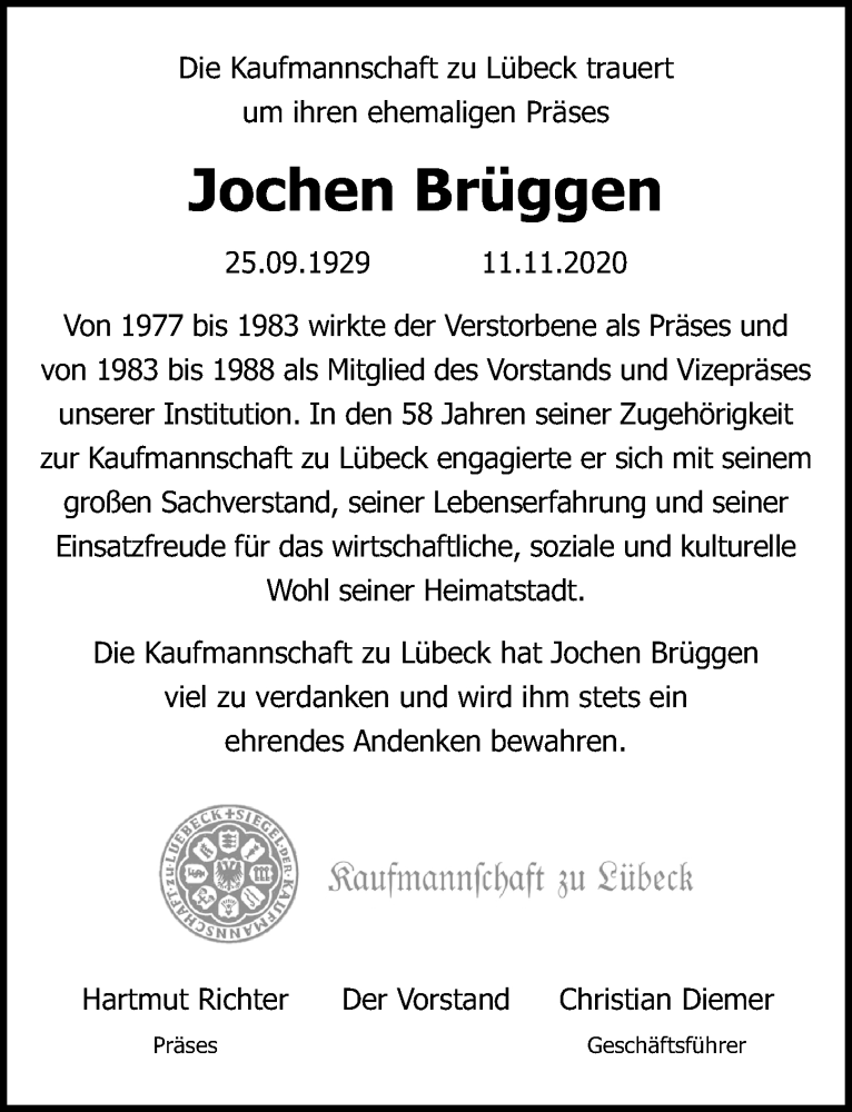  Traueranzeige für Jochen Brüggen vom 15.11.2020 aus Lübecker Nachrichten