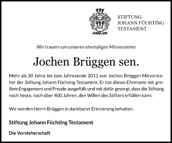 Traueranzeige von Jochen Brüggen sen. von Lübecker Nachrichten