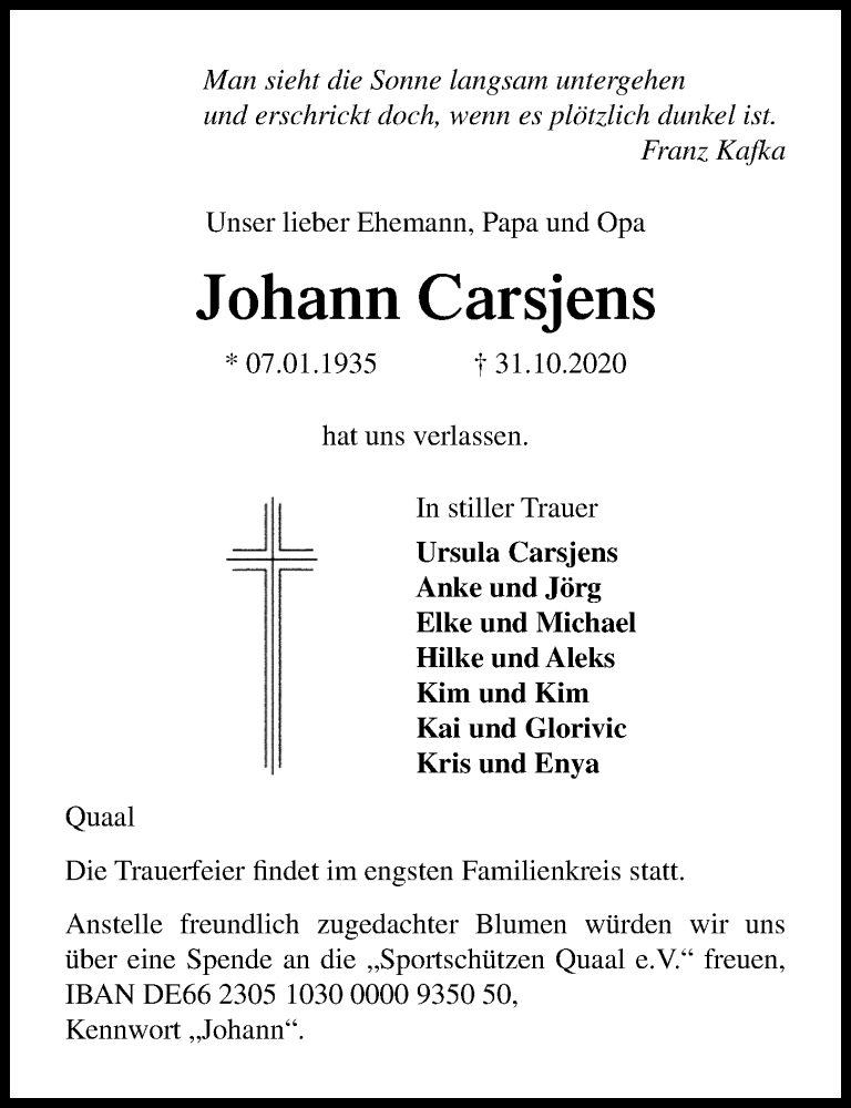  Traueranzeige für Johann Carsjens vom 06.11.2020 aus Kieler Nachrichten