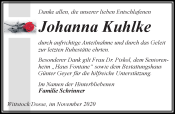Traueranzeige von Johanna Kuhlke von Märkischen Allgemeine Zeitung