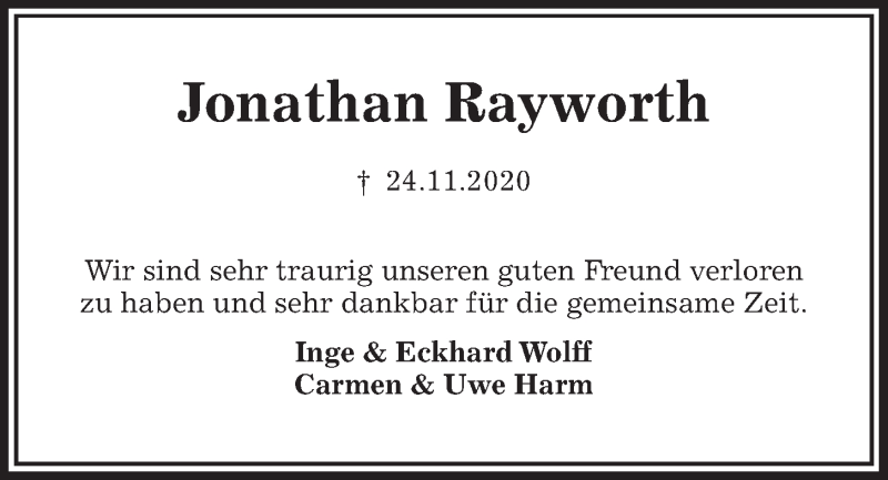  Traueranzeige für Jonathan Rayworth vom 28.11.2020 aus Kieler Nachrichten