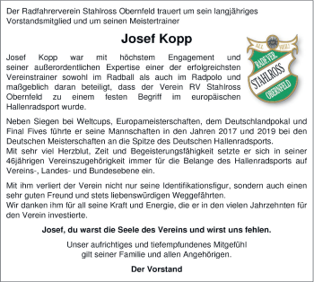 Traueranzeige von Josef Kopp von Eichsfelder Tageblatt