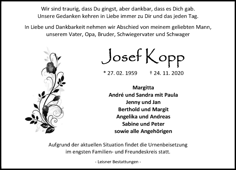  Traueranzeige für Josef Kopp vom 28.11.2020 aus Eichsfelder Tageblatt