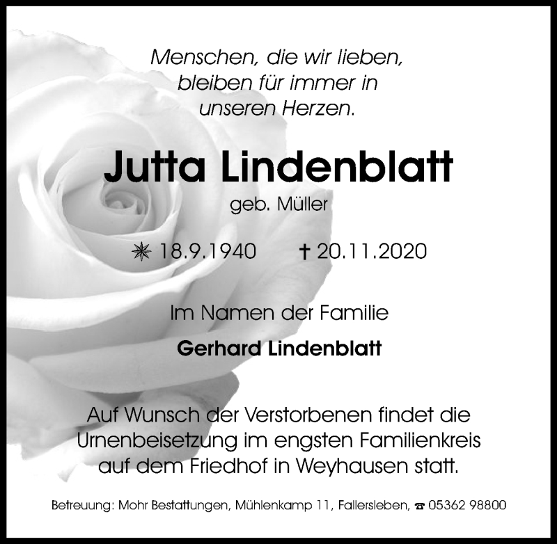  Traueranzeige für Jutta Lindenblatt vom 28.11.2020 aus Aller Zeitung