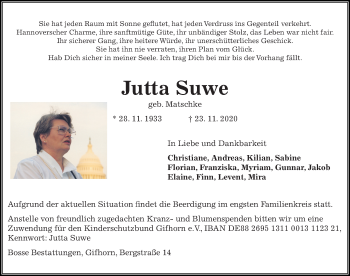 Traueranzeige von Jutta Suwe von Aller Zeitung