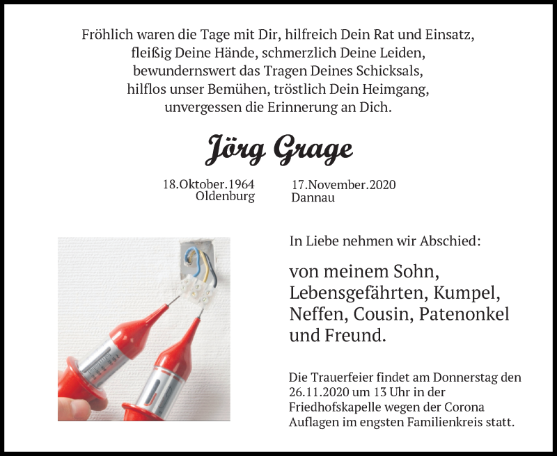 Traueranzeige für Jörg Grage vom 24.11.2020 aus Lübecker Nachrichten