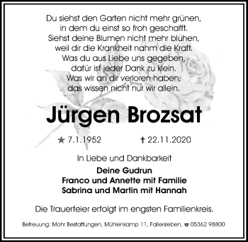 Traueranzeige von Jürgen Brozsat von Aller Zeitung