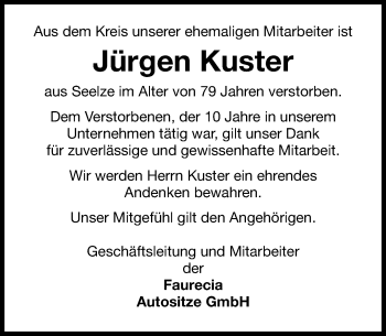 Traueranzeige von Jürgen Kuster von Schaumburger Nachrichten