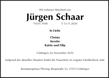Traueranzeige von Jürgen Schaar von Göttinger Tageblatt