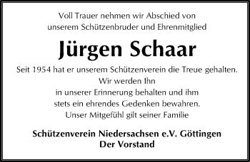 Traueranzeige von Jürgen Schaar von Göttinger Tageblatt