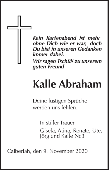 Traueranzeige von Kalle Abraham von Aller Zeitung