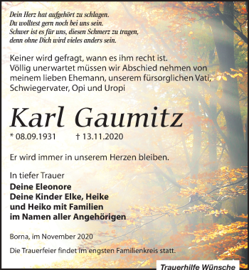 Traueranzeige von Karl Gaumitz von Leipziger Volkszeitung