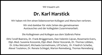 Traueranzeige von Karl Harstick von Peiner Allgemeine Zeitung