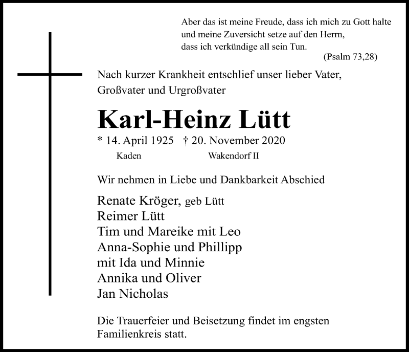  Traueranzeige für Karl-Heinz Lütt vom 28.11.2020 aus Kieler Nachrichten