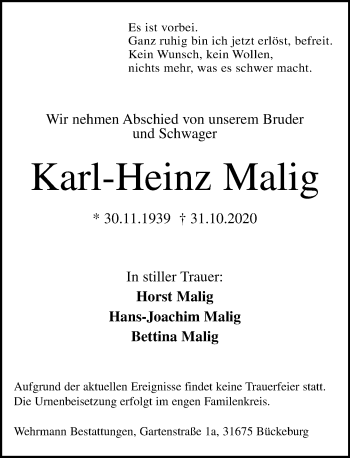 Traueranzeige von Karl-Heinz Malig von Schaumburger Nachrichten