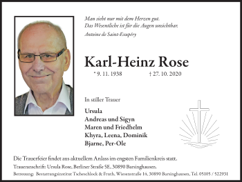 Traueranzeige von Karl-Heinz Rose von Hannoversche Allgemeine Zeitung/Neue Presse