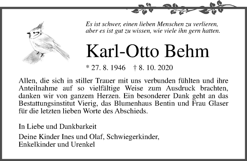  Traueranzeige für Karl-Otto Behm vom 06.11.2020 aus Ostsee-Zeitung GmbH
