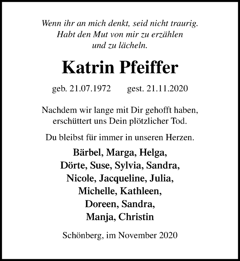  Traueranzeige für Katrin Pfeiffer vom 26.11.2020 aus Ostsee-Zeitung GmbH