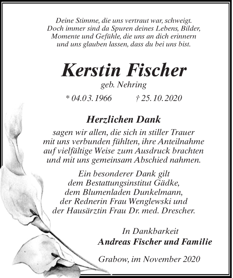  Traueranzeige für Kerstin Fischer vom 28.11.2020 aus Märkischen Allgemeine Zeitung