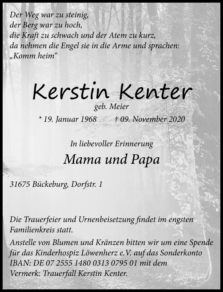  Traueranzeige für Kerstin Kenter vom 14.11.2020 aus Schaumburger Nachrichten
