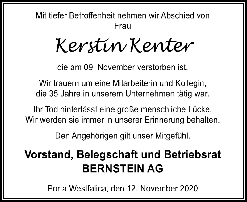  Traueranzeige für Kerstin Kenter vom 14.11.2020 aus Schaumburger Nachrichten