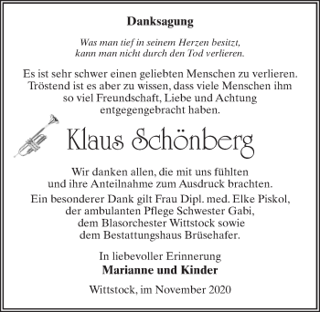 Traueranzeige von Klaug Schönberg von Märkischen Allgemeine Zeitung