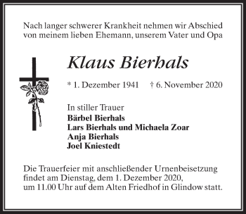 Traueranzeige von Klaus Bierhals von Märkischen Allgemeine Zeitung