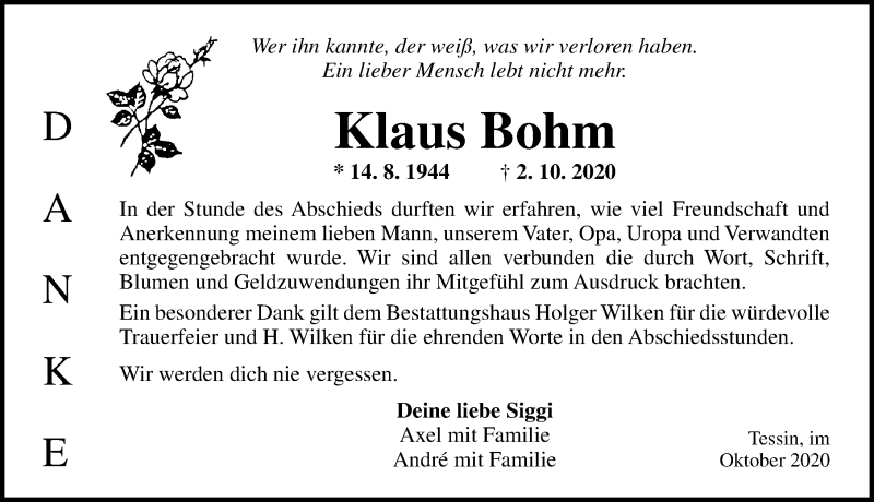  Traueranzeige für Klaus Bohm vom 07.11.2020 aus Ostsee-Zeitung GmbH