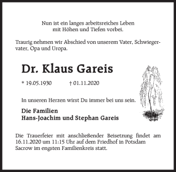 Traueranzeige von Klaus Gareis von Märkischen Allgemeine Zeitung