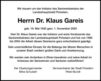 Traueranzeige von Klaus Gareis von Märkischen Allgemeine Zeitung