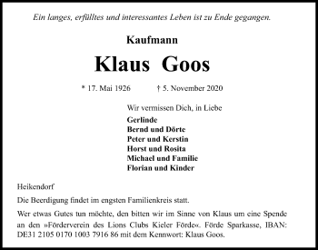 Traueranzeige von Klaus Goos von Kieler Nachrichten