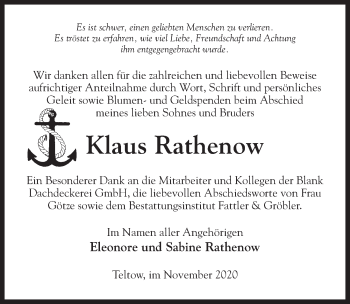 Traueranzeige von Klaus Rathenow von Märkischen Allgemeine Zeitung