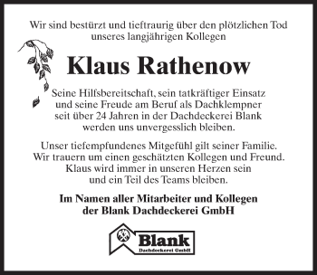 Traueranzeige von Klaus Rathenow von Märkischen Allgemeine Zeitung