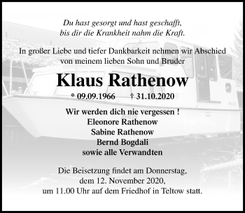 Traueranzeige von Klaus Rathenow von Märkischen Allgemeine Zeitung