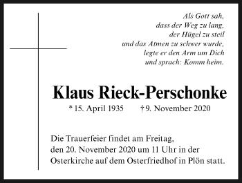 Traueranzeige von Klaus Rieck-Perschonke von Kieler Nachrichten