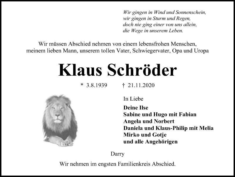  Traueranzeige für Klaus Schröder vom 28.11.2020 aus Kieler Nachrichten