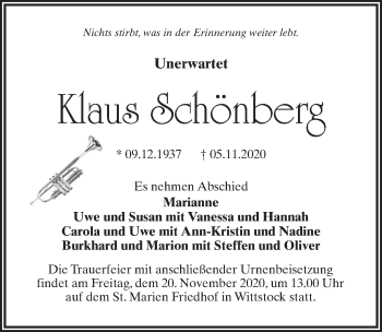 Traueranzeige von Klaus Schönberg von Märkischen Allgemeine Zeitung