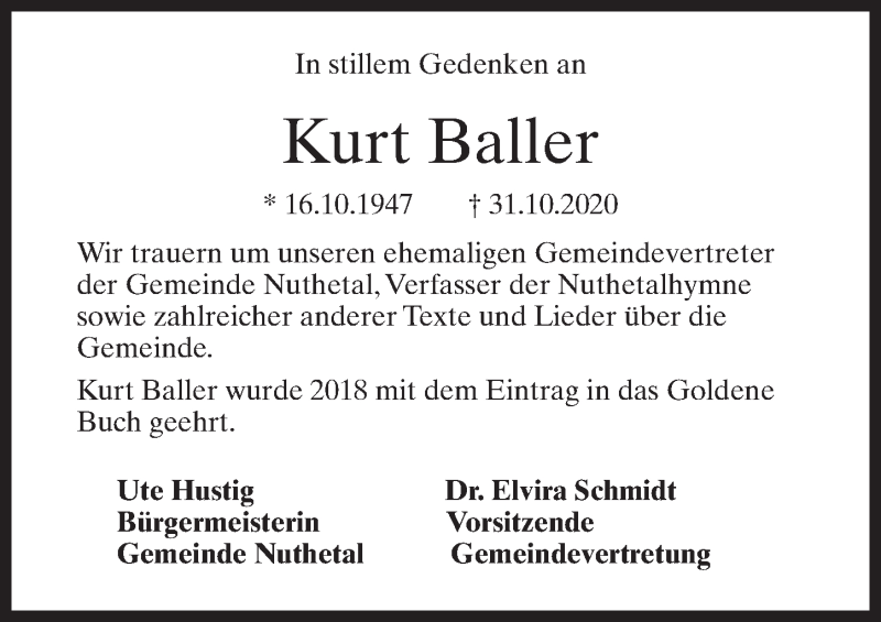  Traueranzeige für Kurt Baller vom 07.11.2020 aus Märkischen Allgemeine Zeitung