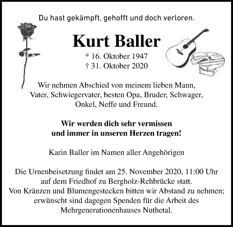  Traueranzeige für Kurt Baller vom 07.11.2020 aus Märkischen Allgemeine Zeitung