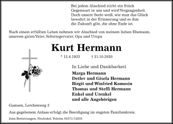 Traueranzeige von Kurt Hermann von Aller Zeitung