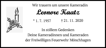 Traueranzeige von Leonore Kaatz von Ostsee-Zeitung GmbH