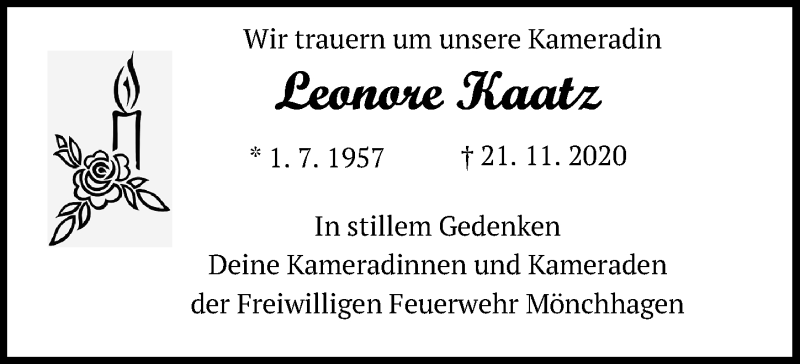  Traueranzeige für Leonore Kaatz vom 28.11.2020 aus Ostsee-Zeitung GmbH